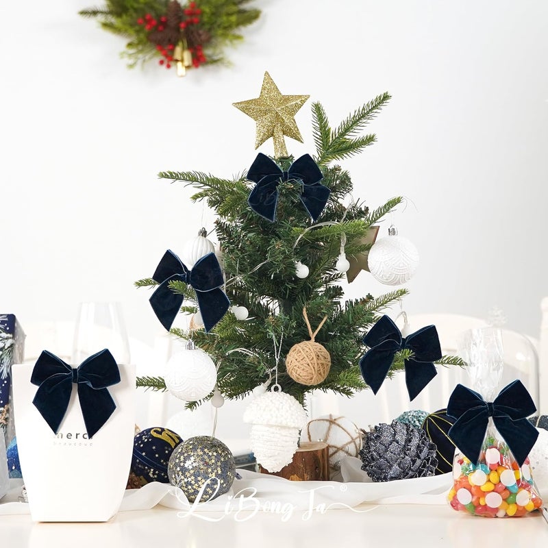 LiBongTa 3.5" Navy Blue Bows Velvet Ribbon Bow with Self Adhesive, Small Gift Bows Decor, Dark Blue Christmas Bows for Treat Bag, Candy Pop, Basket, Party Favor, Craft Bow for Gift Wrapping-24 PCs - Image 4